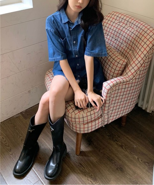 MAISON DE THERESE(メゾン ド テレーズ)の「デニム 半袖シャツ ビッグシルエット 韓国風 薄手 アウター(デニムジャケット・レディース・インディゴブルー/ブルー・M/L)」の19枚目の写真