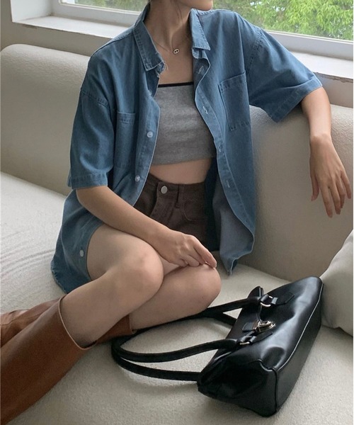 MAISON DE THERESE(メゾン ド テレーズ)の「デニム 半袖シャツ ビッグシルエット 韓国風 薄手 アウター(デニムジャケット・レディース・インディゴブルー/ブルー・M/L)」の8枚目の写真