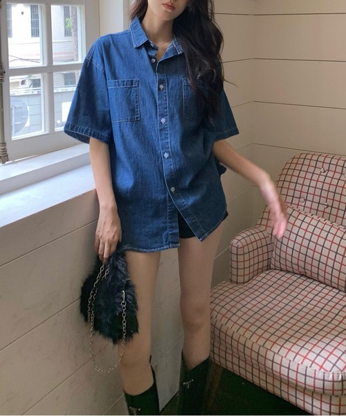 MAISON DE THERESE(メゾン ド テレーズ)の「デニム 半袖シャツ ビッグシルエット 韓国風 薄手 アウター(デニムジャケット・レディース・インディゴブルー/ブルー・M/L)」の20枚目の写真
