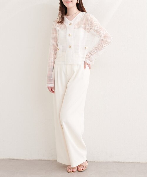 natural couture(ナチュラルクチュール)の「シアーチェックノーカラーショートジャケット(ノーカラージャケット・レディース・ライトベージュ/オフホワイト/ブラック・FREE)」の12枚目の写真