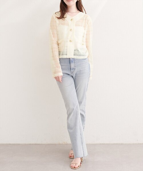 natural couture(ナチュラルクチュール)の「シアーチェックノーカラーショートジャケット(ノーカラージャケット・レディース・ライトベージュ/オフホワイト/ブラック・FREE)」の8枚目の写真