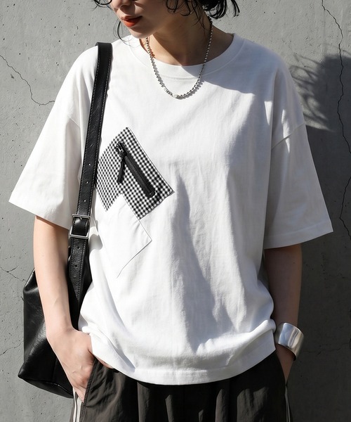 antiqua（アンティカ）の「異素材ポケット ギンガムチェック Tシャツ（Tシャツ/カットソー・レディース・ホワイト/ブラック・ONESIZE）」の2枚目の写真