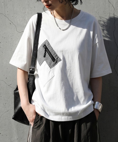 antiqua（アンティカ）の「異素材ポケット ギンガムチェック Tシャツ（Tシャツ/カットソー・レディース・ホワイト/ブラック・ONESIZE）」の3枚目の写真