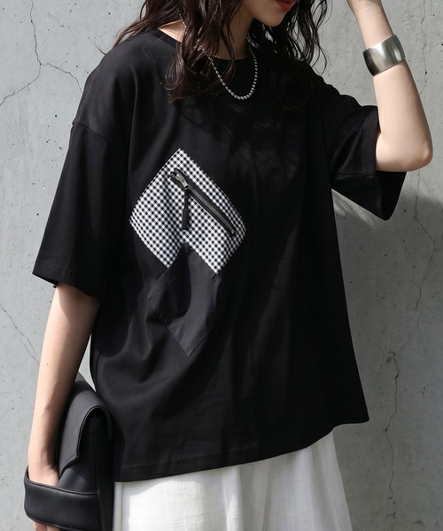 antiqua（アンティカ）の「異素材ポケット ギンガムチェック Tシャツ（Tシャツ/カットソー・レディース・ホワイト/ブラック・ONESIZE）」の7枚目の写真