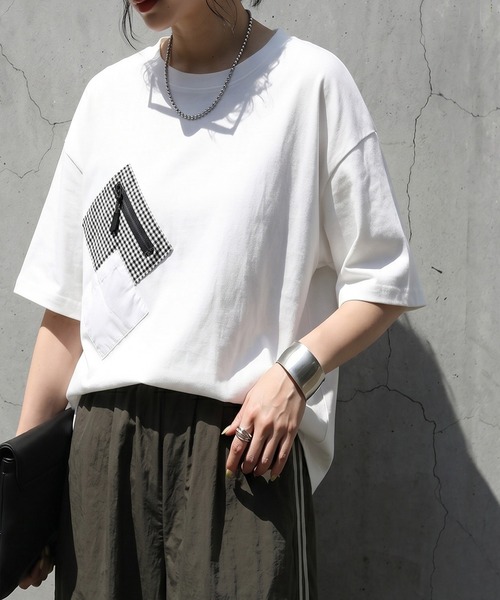 antiqua（アンティカ）の「異素材ポケット ギンガムチェック Tシャツ（Tシャツ/カットソー・レディース・ホワイト/ブラック・ONESIZE）」の4枚目の写真