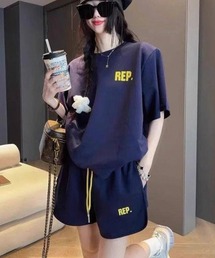 \DAY OFFコーデ♪上下2点セット/REPプリント BIGT+ショートパンツ セットアップ