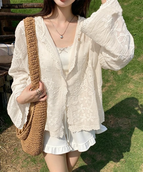 Miniministore(ミニミニストア)の「レースパーカー レディースシアートップス(カーディガン/ボレロ・レディース・ベージュ/ホワイト・FREE)」の13枚目の写真