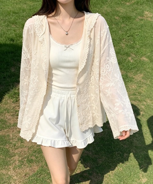 Miniministore(ミニミニストア)の「レースパーカー レディースシアートップス(カーディガン/ボレロ・レディース・ベージュ/ホワイト・FREE)」の14枚目の写真