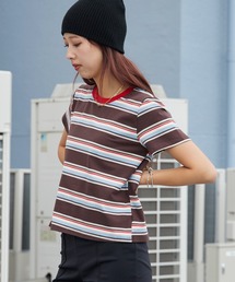 Multi-Border Color Rib Cropped T-Shirt / マルチボーダー 配色リブ クロップド丈 Tシャツ 半袖 クルーネック ポップ レトロ Y2K 韓国系 カジュアル レディース 秋 秋服 2026年秋冬