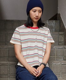 Chick | Multi-Border Color Rib Cropped T-Shirt / マルチボーダー 配色リブ クロップド丈 Tシャツ 半袖 クルーネック ポップ レトロ Y2K 韓国系 カジュアル レディース 2026年 夏 夏服(Tシャツ/カットソー)