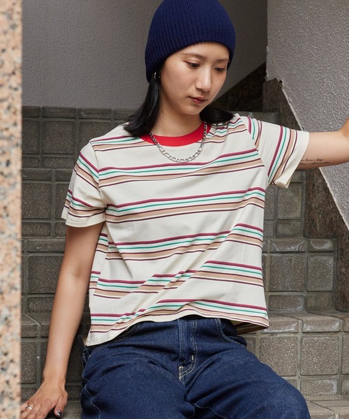 セール】Multi-Border Color Rib Cropped T-Shirt / マルチボーダー