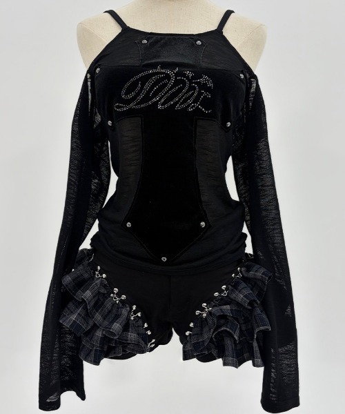 DustDevil(ダストデビル)の「『DustDevil/ダストデビル』Velvet Panel Tee/ベルベットパネルTシャツ(Tシャツ/カットソー・レディース・ブラック/ブラック×グレー・FREE)」の2枚目の写真