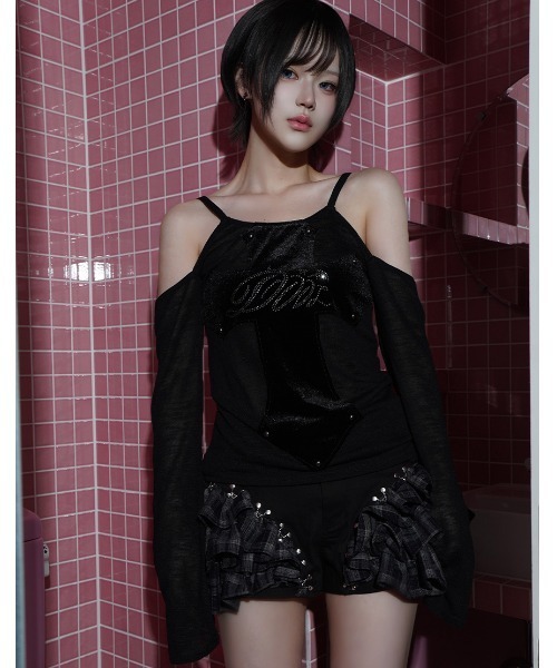 DustDevil(ダストデビル)の「『DustDevil/ダストデビル』Velvet Panel Tee/ベルベットパネルTシャツ(Tシャツ/カットソー・レディース・ブラック/ブラック×グレー・FREE)」の6枚目の写真
