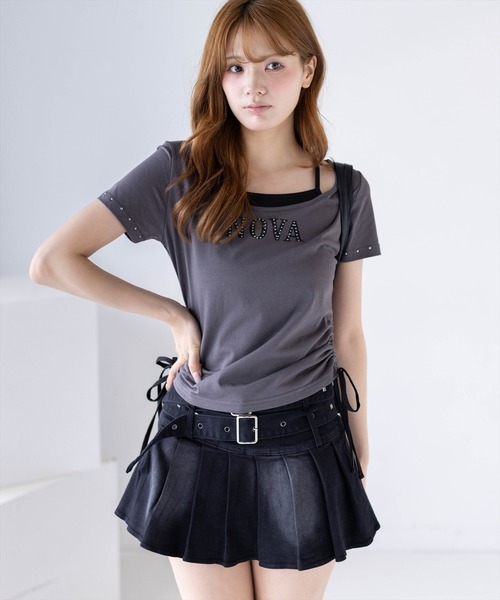 clear（クリア）の「接触冷感サイドドロストレイヤード風Tシャツ［骨格ウェーブ／カジュアル／ストリート／ロゴデザイン］（Tシャツ/カットソー・レディース・ブラック/グレー/オフホワイト・F）」の3枚目の写真