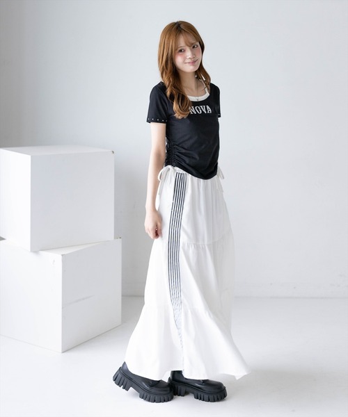 clear（クリア）の「接触冷感サイドドロストレイヤード風Tシャツ［骨格ウェーブ／カジュアル／ストリート／ロゴデザイン］（Tシャツ/カットソー・レディース・ブラック/グレー/オフホワイト・F）」の21枚目の写真