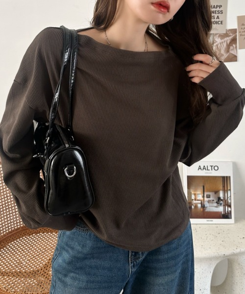 Eclat one(エクラワン)の「【Eclat one】ボートネック ワッフル プルオーバー(Tシャツ/カットソー・レディース・ブラウン/ブラック/グレー・FREE)」の3枚目の写真