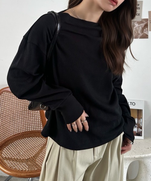 Eclat one(エクラワン)の「【Eclat one】ボートネック ワッフル プルオーバー(Tシャツ/カットソー・レディース・ブラウン/ブラック/グレー・FREE)」の10枚目の写真
