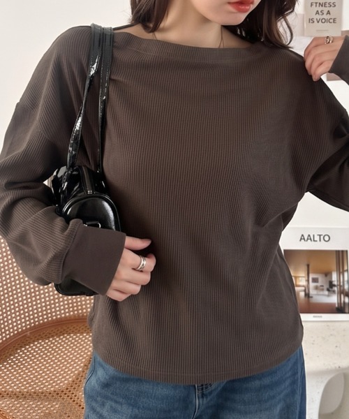 Eclat one(エクラワン)の「【Eclat one】ボートネック ワッフル プルオーバー(Tシャツ/カットソー・レディース・ブラウン/ブラック/グレー・FREE)」の7枚目の写真
