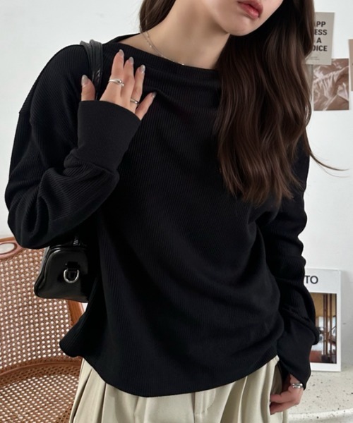 Eclat one(エクラワン)の「【Eclat one】ボートネック ワッフル プルオーバー(Tシャツ/カットソー・レディース・ブラウン/ブラック/グレー・FREE)」の11枚目の写真