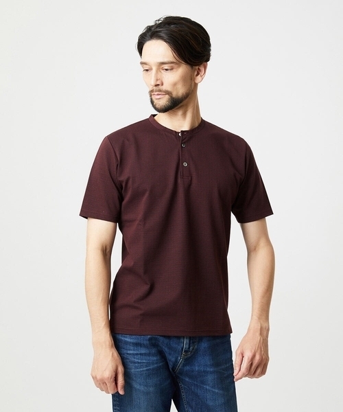 MICHEL KLEIN HOMME   （ミッシェルクランオム）の「《日本製》ブロックヘンリーネック半袖カットソー（Tシャツ/カットソー・メンズ・アイボリー/ネイビー/パープル・MEDIUM/LARGE/X-LARGE）」の3枚目の写真