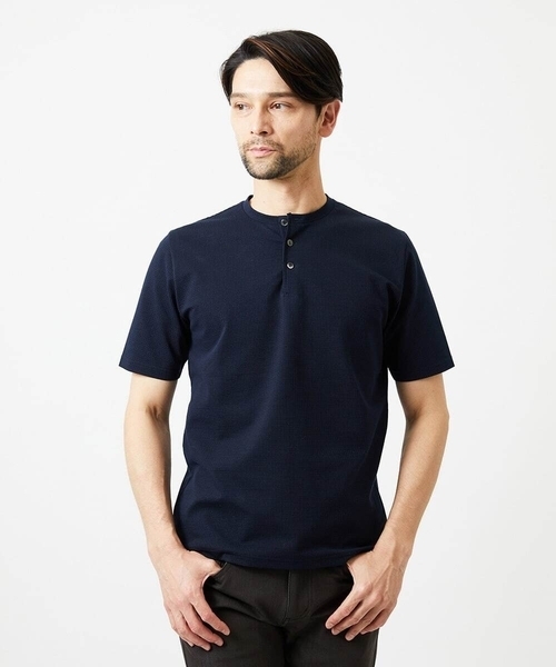 MICHEL KLEIN HOMME   （ミッシェルクランオム）の「《日本製》ブロックヘンリーネック半袖カットソー（Tシャツ/カットソー・メンズ・アイボリー/ネイビー/パープル・MEDIUM/LARGE/X-LARGE）」の2枚目の写真