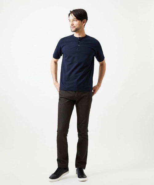 MICHEL KLEIN HOMME   （ミッシェルクランオム）の「《日本製》ブロックヘンリーネック半袖カットソー（Tシャツ/カットソー・メンズ・アイボリー/ネイビー/パープル・MEDIUM/LARGE/X-LARGE）」の4枚目の写真