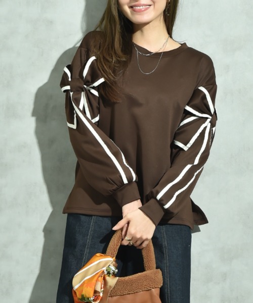 INTERPLANET(インタープラネット)の「袖リボンモチーフデザインプルオーバー(Tシャツ/カットソー・レディース・ブラウン/アイボリー/ブラック・FREE)」の3枚目の写真