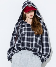 フード付きチェックシャツ
