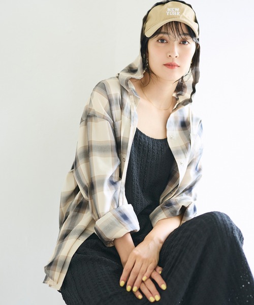 coca(coca)(コカ)の「フード付きチェックシャツ(シャツ/ブラウス・レディース・ネイビー/アイボリー・L/M)」の3枚目の写真