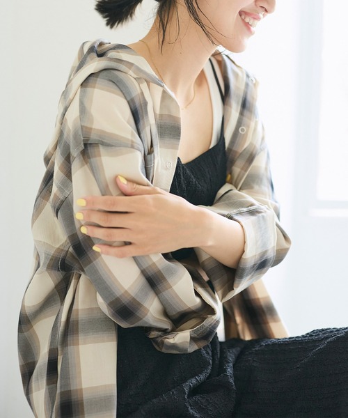 coca(coca)(コカ)の「フード付きチェックシャツ(シャツ/ブラウス・レディース・ネイビー/アイボリー・L/M)」の4枚目の写真