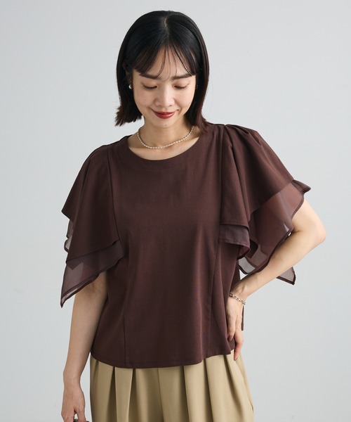Green Parks(グリーンパークス)の「イレギュラースリーブカットプルオーバー(Tシャツ/カットソー・レディース・ベージュ/ブラック/ブラウン/ホワイト・FREE)」の1枚目の写真