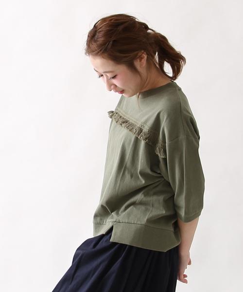 coen(コーエン)の「【Market】フリンジ7分袖プルオーバー(Tシャツ/カットソー・レディース・オフホワイト/オリーブ・MEDIUM/LARGE)」の1枚目の写真