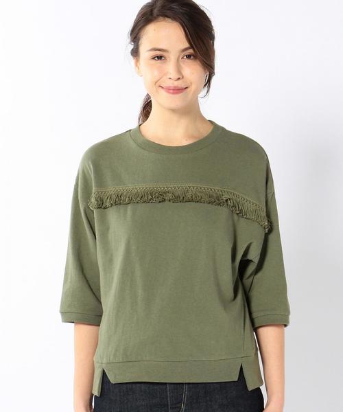 coen(コーエン)の「【Market】フリンジ7分袖プルオーバー(Tシャツ/カットソー・レディース・オフホワイト/オリーブ・MEDIUM/LARGE)」の4枚目の写真
