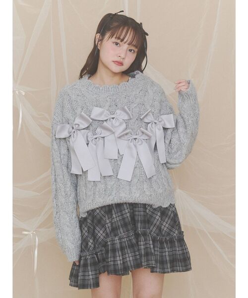 merry jenny(メリージェニー)の「ribbon ribbon knit(ニット/セーター・レディース・カーキ/アイボリー/グレー・FREE)」の2枚目の写真