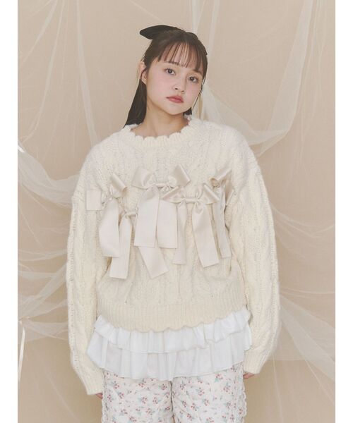 merry jenny(メリージェニー)の「ribbon ribbon knit(ニット/セーター・レディース・カーキ/アイボリー/グレー・FREE)」の1枚目の写真
