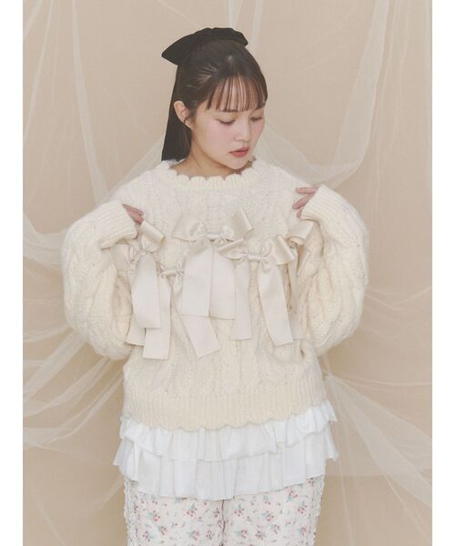 merry jenny(メリージェニー)の「ribbon ribbon knit(ニット/セーター・レディース・カーキ/アイボリー/グレー・FREE)」の9枚目の写真