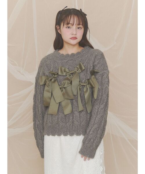 merry jenny(メリージェニー)の「ribbon ribbon knit(ニット/セーター・レディース・カーキ/アイボリー/グレー・FREE)」の14枚目の写真