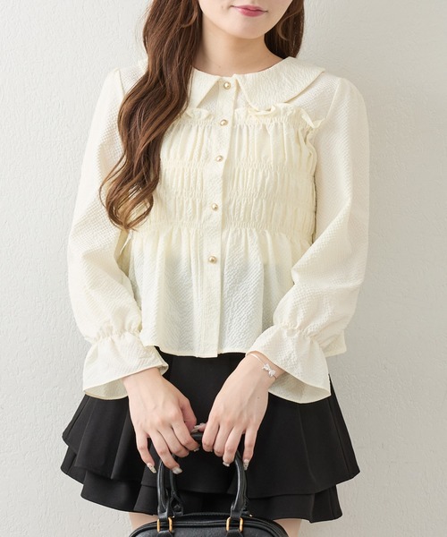 Another Branch olive des olive(アナザーブランチオリーブデオリーブ)の「シャーリングペプラム長袖ブラウス(シャツ/ブラウス・レディース・ブルー/ブラウン/アイボリー/グリーン/ブラック・FREE)」の1枚目の写真