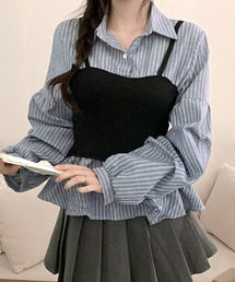 ビスチェレイヤード風ストライプシャツ 袖ボリューム