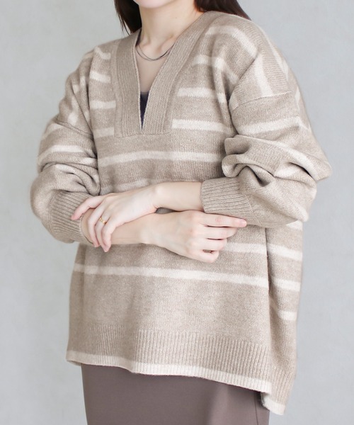 NYLAUS（ナイラス）の「【SG】Vネック ボーダー ニット プルオーバー（ニット/セーター・レディース・ホワイト系その他・FREE）」の12枚目の写真