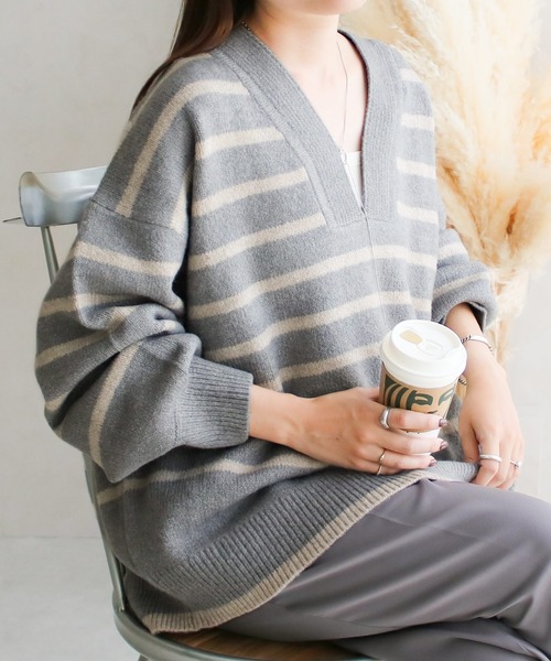 NYLAUS（ナイラス）の「【SG】Vネック ボーダー ニット プルオーバー（ニット/セーター・レディース・ホワイト系その他・FREE）」の18枚目の写真