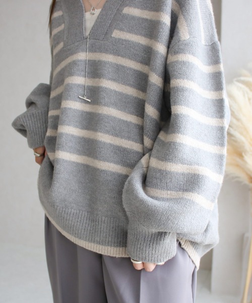 NYLAUS（ナイラス）の「【SG】Vネック ボーダー ニット プルオーバー（ニット/セーター・レディース・ホワイト系その他・FREE）」の21枚目の写真