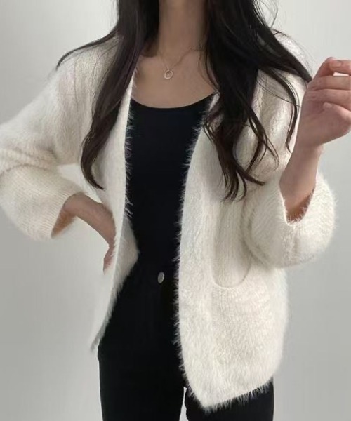 Teem Store(チームストア)の「シャギーボレロ風オープンニットカーディガン(カーディガン/ボレロ・レディース・ブラック/ホワイト/グレー・M)」の1枚目の写真