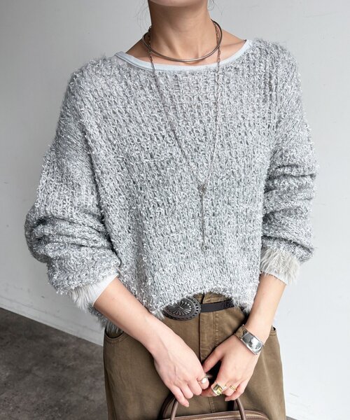 DouDou(ドゥドゥ)の「テープヤーン×モヘアプルオーバー(ニット/セーター・レディース・グレー/ライトベージュ/キャメル・FREE)」の14枚目の写真