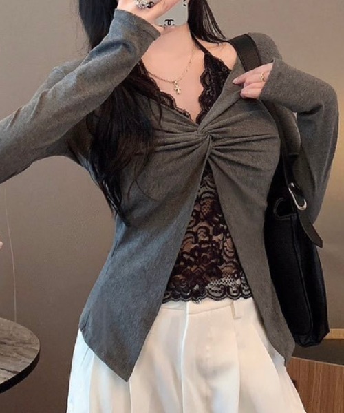 NANEA(ナネア)の「レースキャミレイヤード風トップス(Tシャツ/カットソー・レディース・ブラック/ホワイト/グレー/チャコールグレー・フリー)」の17枚目の写真