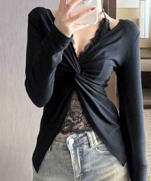 NANEA(ナネア)の「レースキャミレイヤード風トップス(Tシャツ/カットソー・レディース・ブラック/ホワイト/グレー/チャコールグレー・フリー)」の10枚目の写真