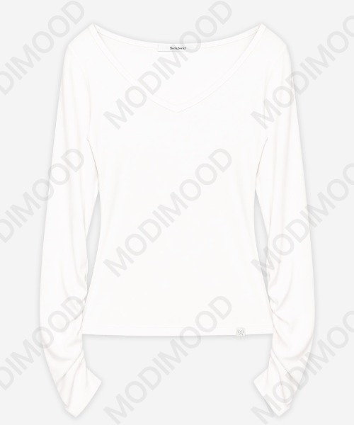 modimood（モディムード）の「MOMU [MADE] 袖シャーリング華奢見えディープＶネックTシャツ（Tシャツ/カットソー・レディース・ブラウン/グレー/ホワイト・2/1）」の20枚目の写真