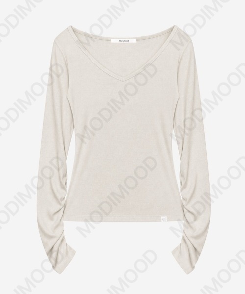 modimood（モディムード）の「MOMU [MADE] 袖シャーリング華奢見えディープＶネックTシャツ（Tシャツ/カットソー・レディース・ブラウン/グレー/ホワイト・2/1）」の21枚目の写真