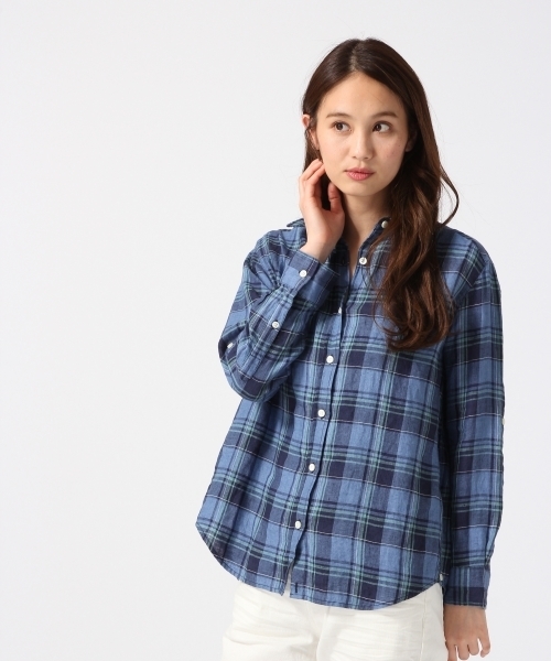 GLOBAL WORK（グローバルワーク）の「フレンチリネンチェックシャツ長袖/738305（シャツ/ブラウス・レディース・ブルー/ピンク/ホワイト/ネイビー・LARGE/MEDIUM/SMALL）」の3枚目の写真