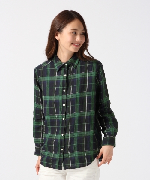 GLOBAL WORK（グローバルワーク）の「フレンチリネンチェックシャツ長袖/738305（シャツ/ブラウス・レディース・ブルー/ピンク/ホワイト/ネイビー・LARGE/MEDIUM/SMALL）」の12枚目の写真